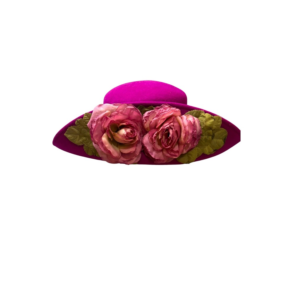 Vtg Toucan Wool Felt Wide Brim Hat Womens  Fuchsia Pink Floral Made in USA